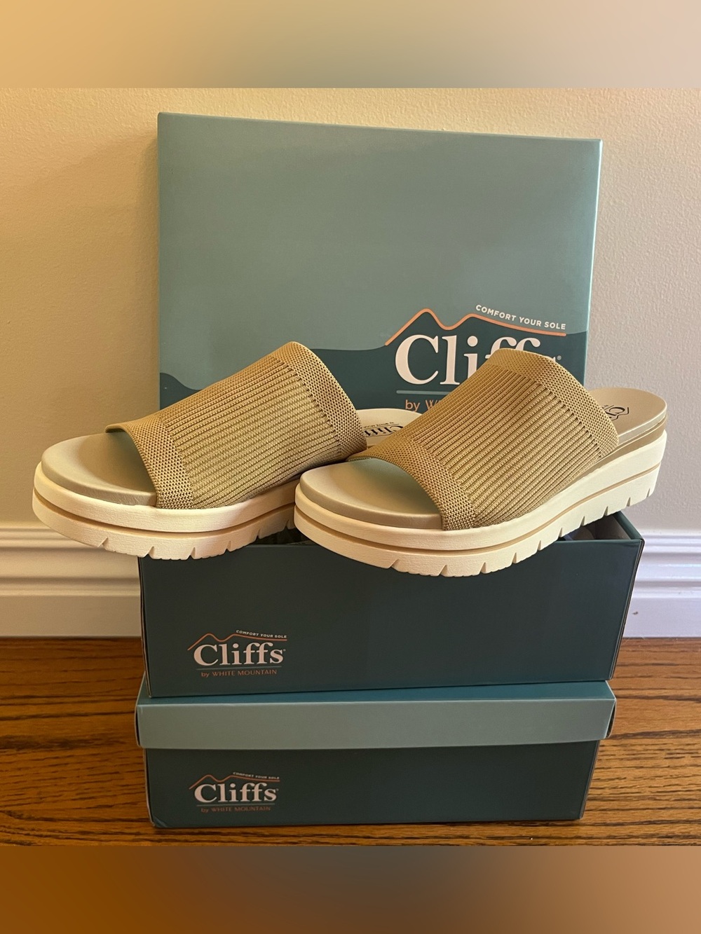 Cliffs Beige Knit Slide Platform Sneaker Sandals Slip-on Stretch NWT